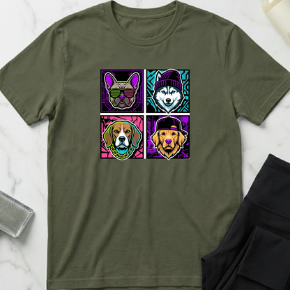 Green t-shirt with colorful dog illustrations on a white marble surface. Minimalist dog apparel by pemuyo.