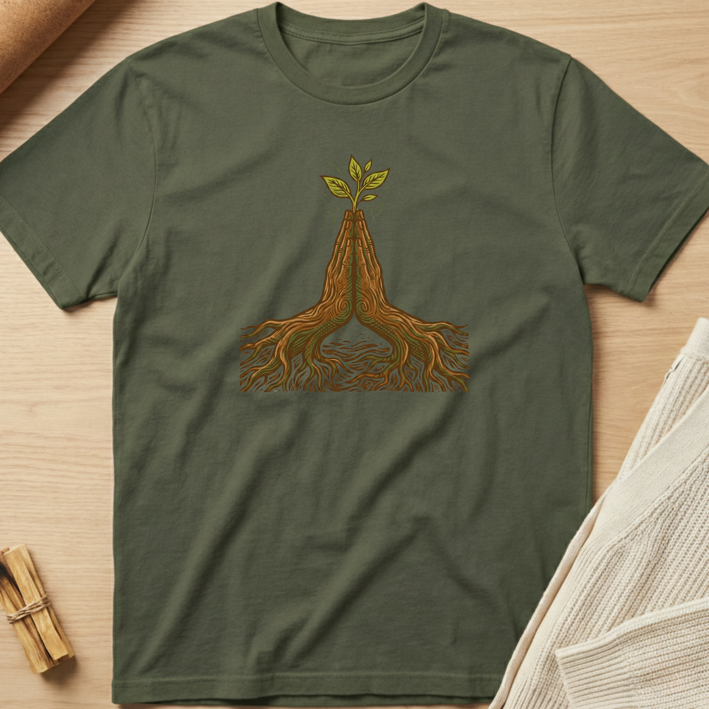 Green t-shirt with a tree design on a wooden surface. Minimalist yoga apparel by pemuyo.