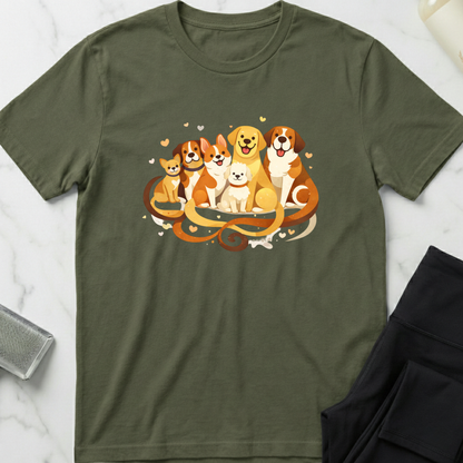 Green t-shirt with cartoon dogs design on a marble surface. Minimalist dog apparel by pemuyo.