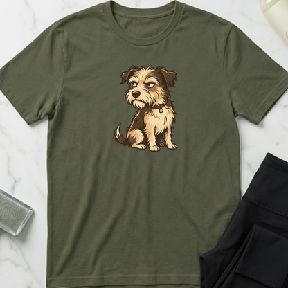 Green t-shirt with a dog graphic on a marble surface. Minimalist dog apparel by pemuyo.