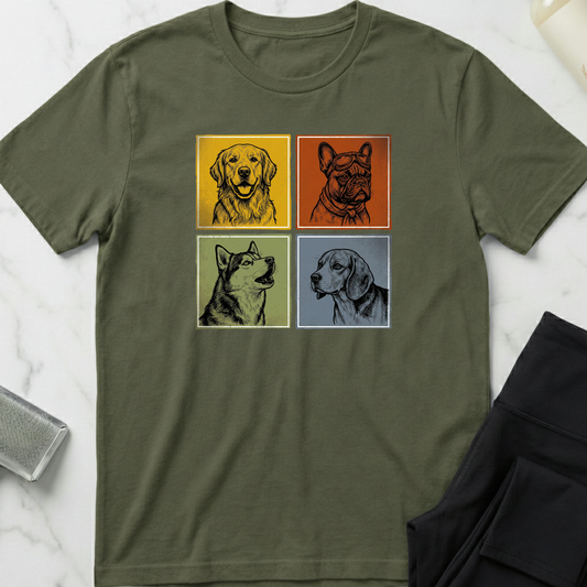 Green t-shirt with four dog illustrations on a white marble surface. Minimalist dog apparel by pemuyo.
