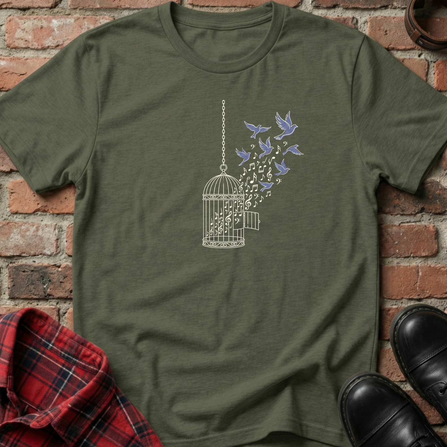Green t-shirt with a birdcage and musical notes design on a brick background. Minimalist music apparel by pemuyo.