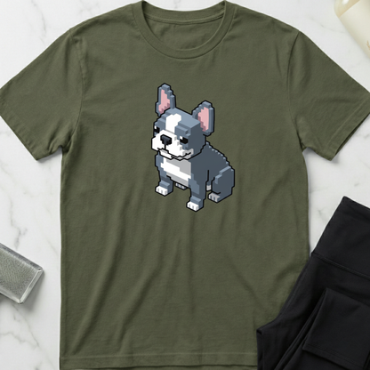 Green t-shirt with a pixelated dog graphic on a marble surface. Minimalist dog apparel by pemuyo.