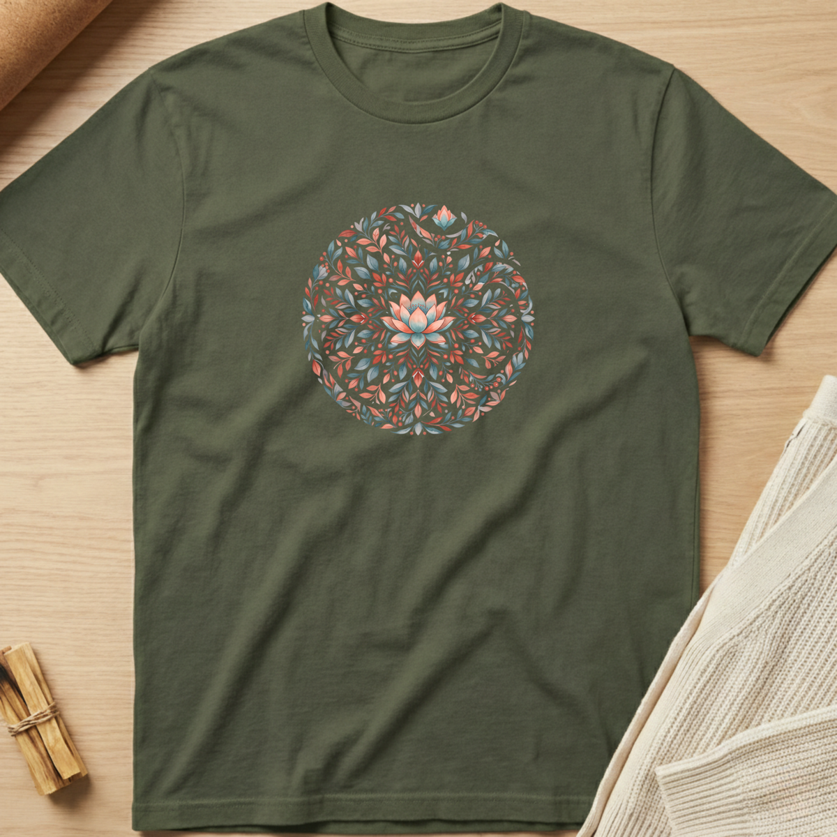 An olive green crewneck t-shirt featuring a circular mandala graphic with a pink lotus flower and teal and orange leaves, laid flat on a light wood background with styled props. Minimalist yoga apparel by pemuyo.