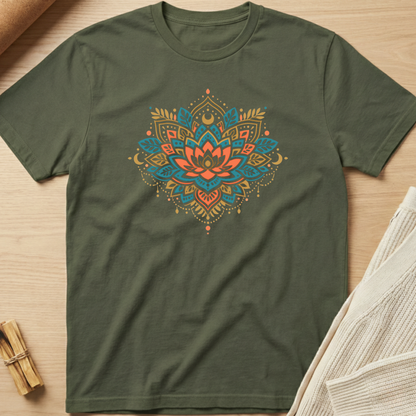 Green t-shirt with a colorful mandala design on a wooden surface. Minimalist yoga apparel by pemuyo.