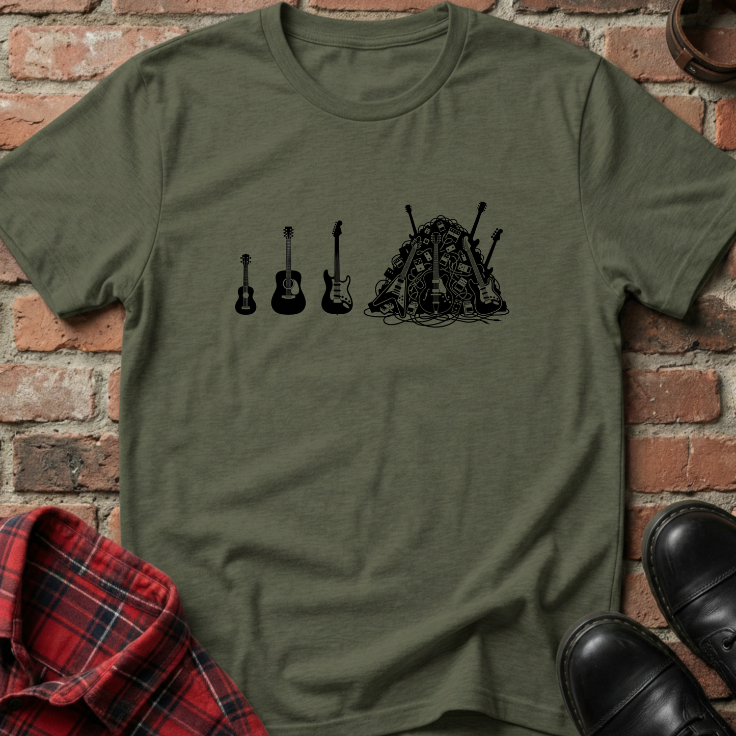 Green t-shirt with musical instrument illustrations on a brick wall background. Minimalist music apparel by pemuyo.