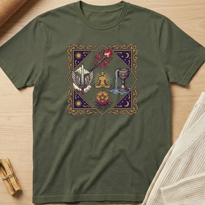 Green t-shirt with a colorful design on a wooden surface. Minimalist yoga apparel by pemuyo.