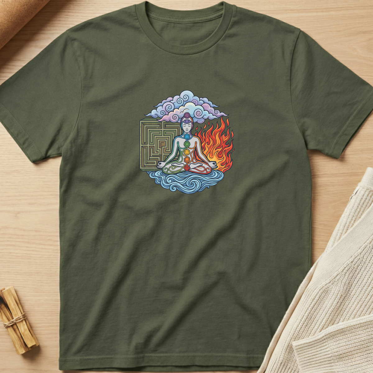 An olive green short-sleeve t-shirt with a colorful graphic of a meditating figure surrounded by clouds, a maze, and flames, laid flat on a light wood background. Minimalist yoga apparel by pemuyo.