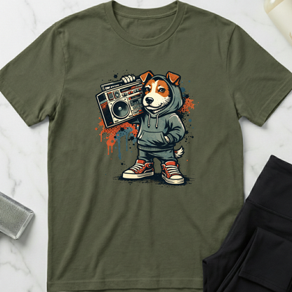Green t-shirt with a graphic of a dog in a hoodie holding a boombox on a white marble surface. Minimalist dog apparel by pemuyo.