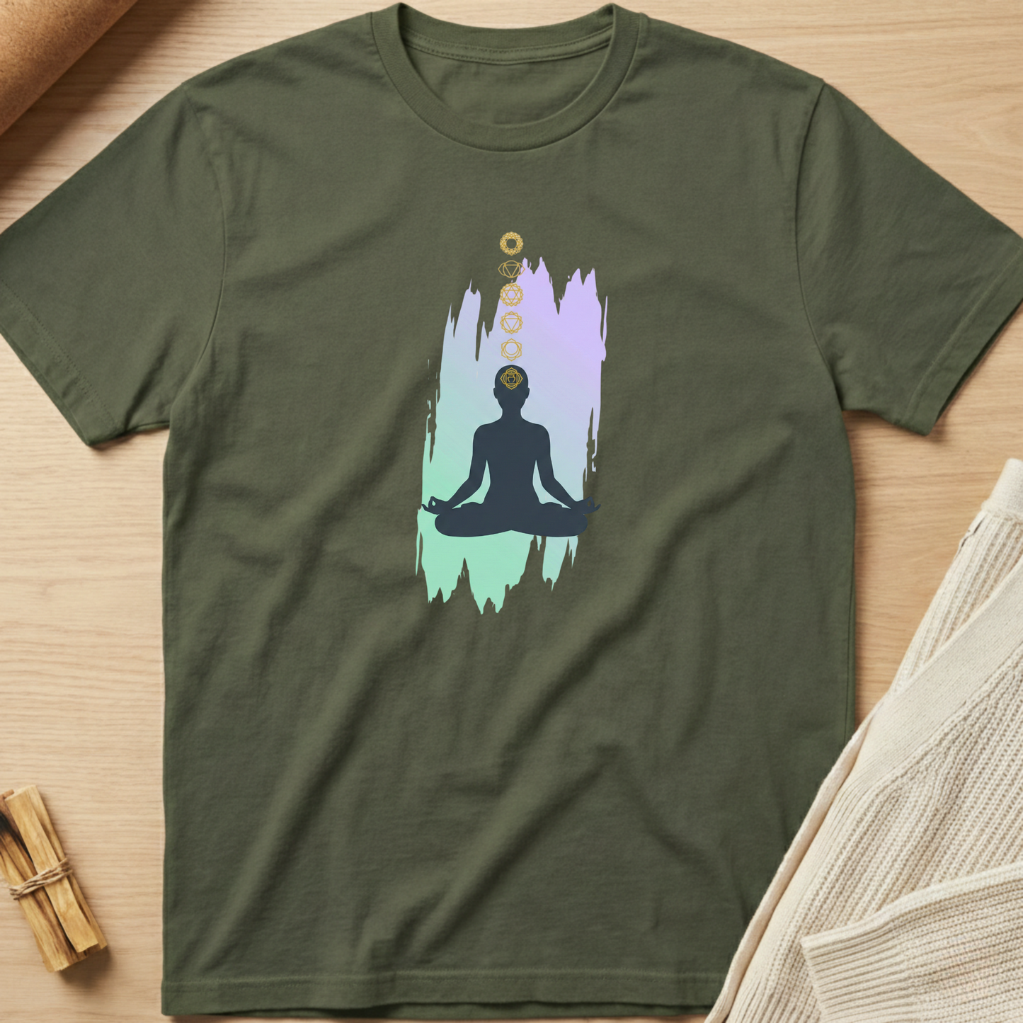 Green t-shirt with a meditation graphic on a wooden surface. Minimalist yoga apparel by pemuyo.