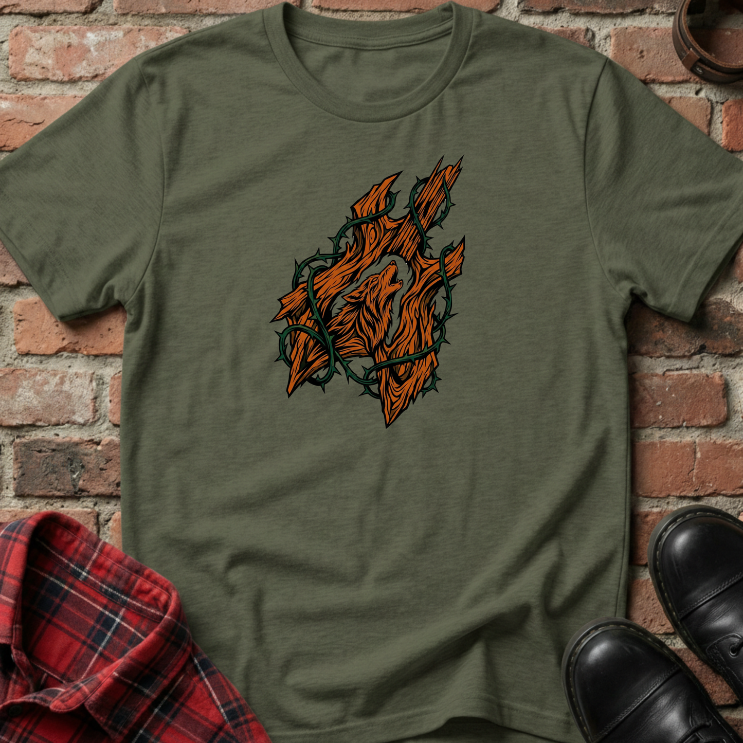 Green t-shirt with a graphic design on a brick background. Minimalist music apparel by pemuyo.