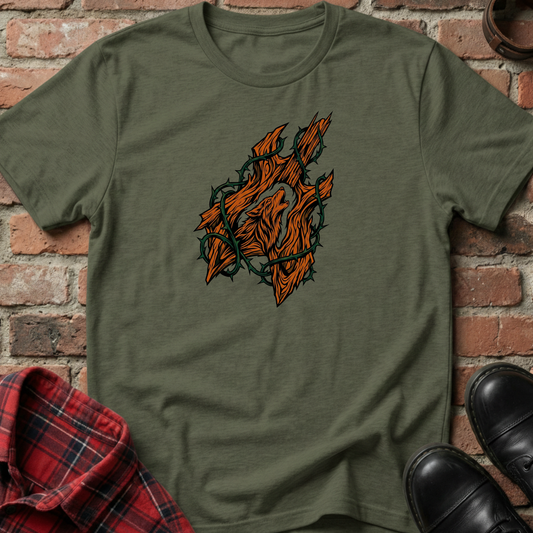 Green t-shirt with a graphic design on a brick background. Minimalist music apparel by pemuyo.
