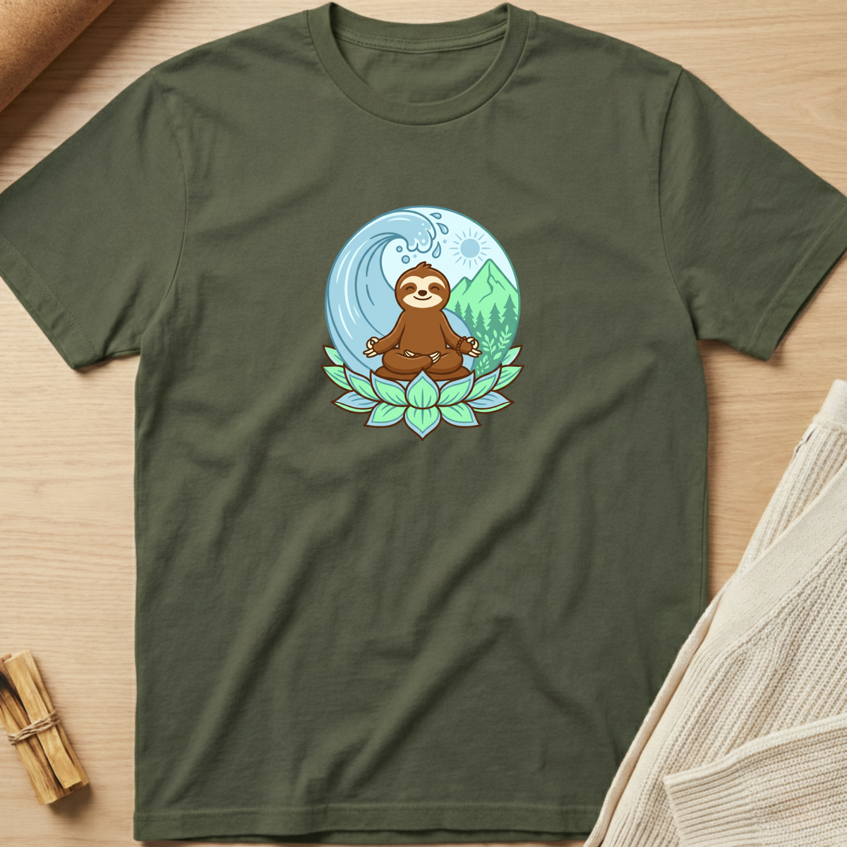 An olive green short-sleeve t-shirt laid flat on a light wood surface, featuring a colorful graphic of a sloth meditating on a lotus flower against a wave and mountain background. Minimalist yoga apparel by pemuyo.