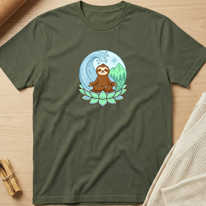An olive green short-sleeve t-shirt laid flat on a light wood surface, featuring a colorful graphic of a sloth meditating on a lotus flower against a wave and mountain background. Minimalist yoga apparel by pemuyo.
