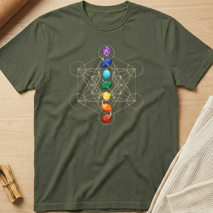 Green t-shirt with a chakra design on a wooden surface. Minimalist yoga apparel by pemuyo.