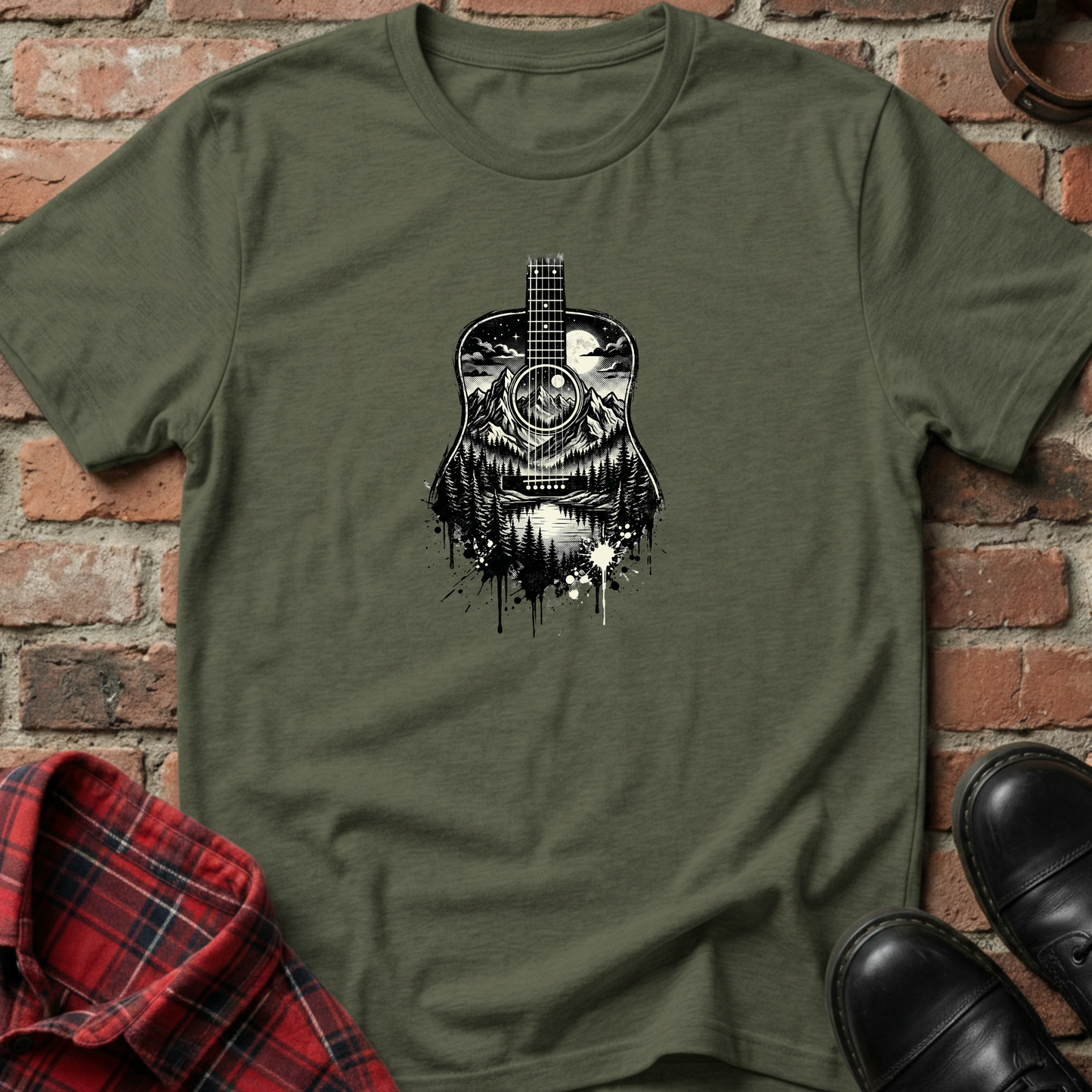 Black and White Mountain Guitar T-Shirt