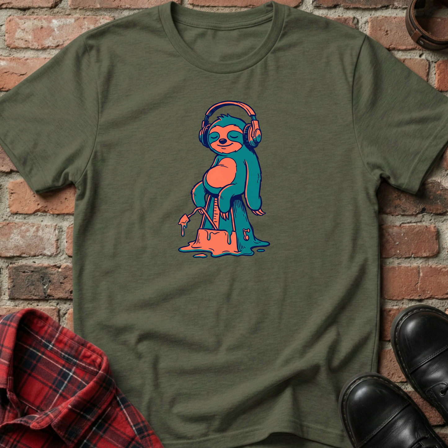 Green t-shirt with a colorful sloth graphic on a brick background. Minimalist music apparel by pemuyo.