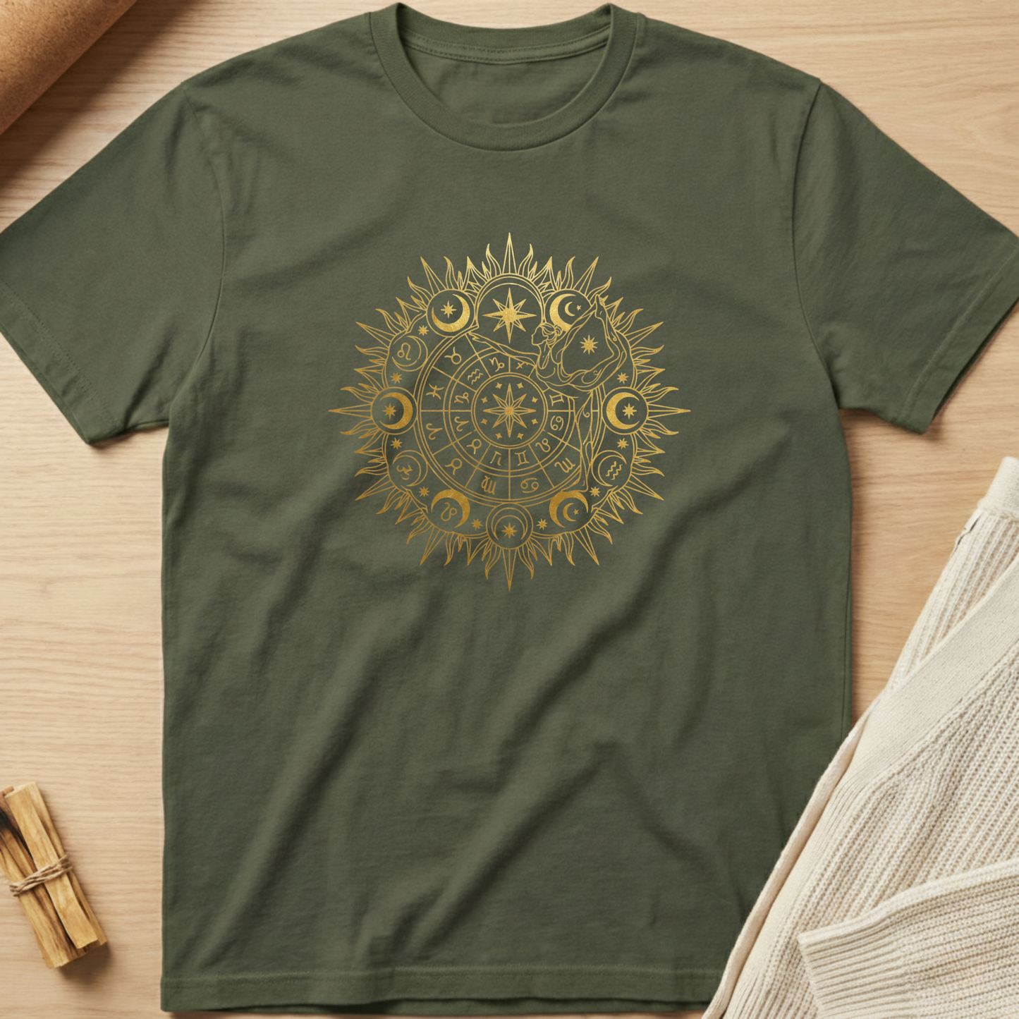 Green t-shirt with a gold celestial design on a wooden surface. Minimalist yoga apparel by pemuyo.