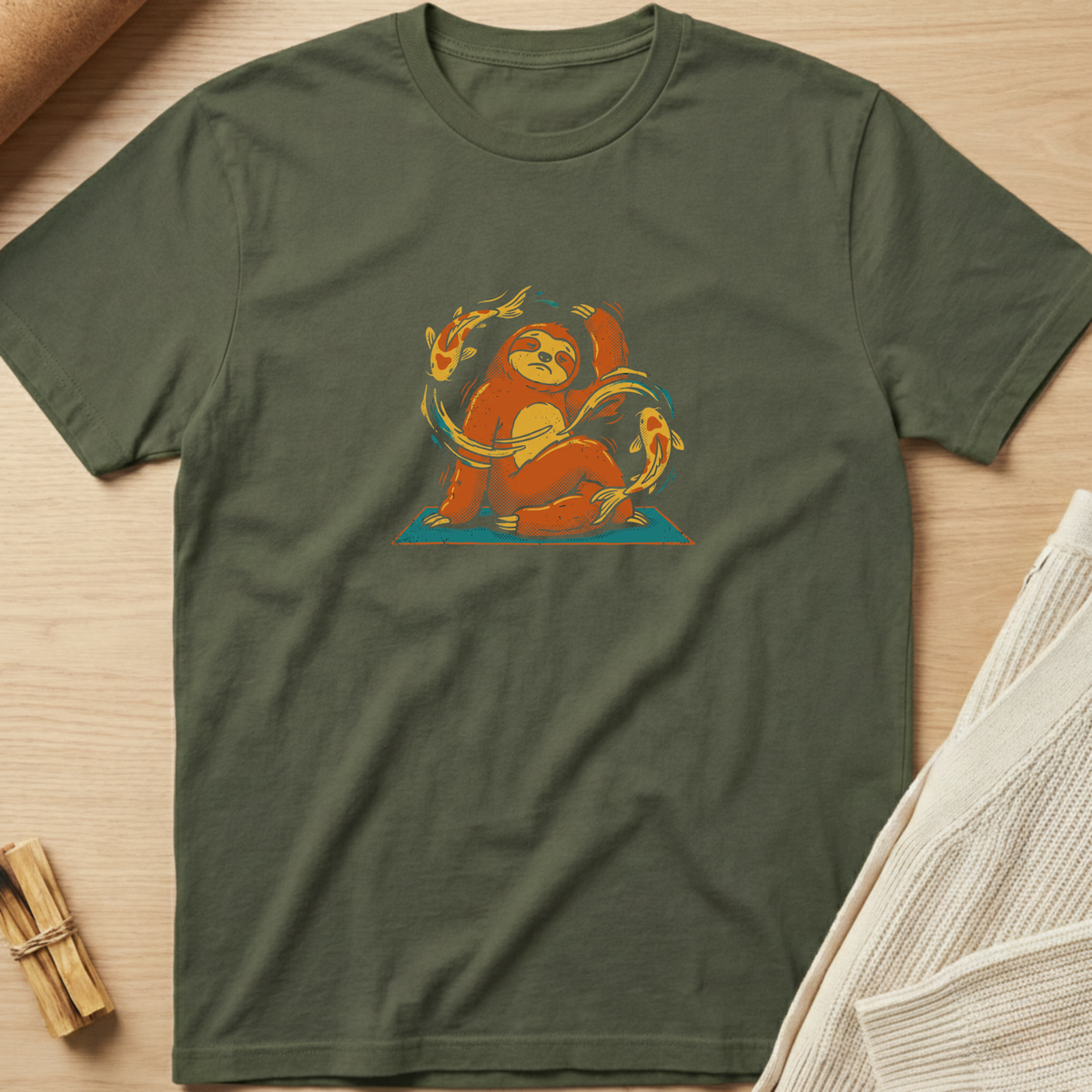 An olive green crewneck t-shirt featuring a colorful graphic of a sloth holding a banana, styled flat-lay on a light wood background with a knit sweater and wooden sticks. Minimalist yoga apparel by pemuyo.