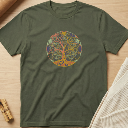 An olive green crewneck t-shirt featuring a colorful circular 'Tree of Life' graphic on the chest, laid flat on a light wood background with styled props. Minimalist yoga apparel by pemuyo.