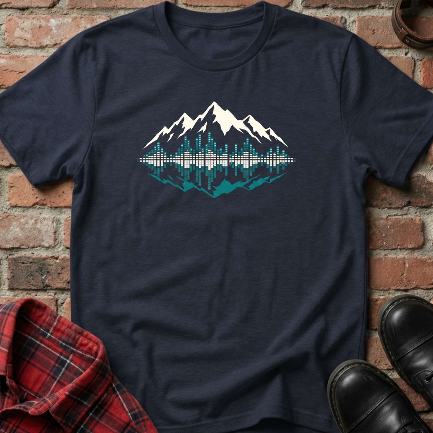 Navy blue t-shirt with mountain graphic on a brick background. Minimalist music apparel by pemuyo.