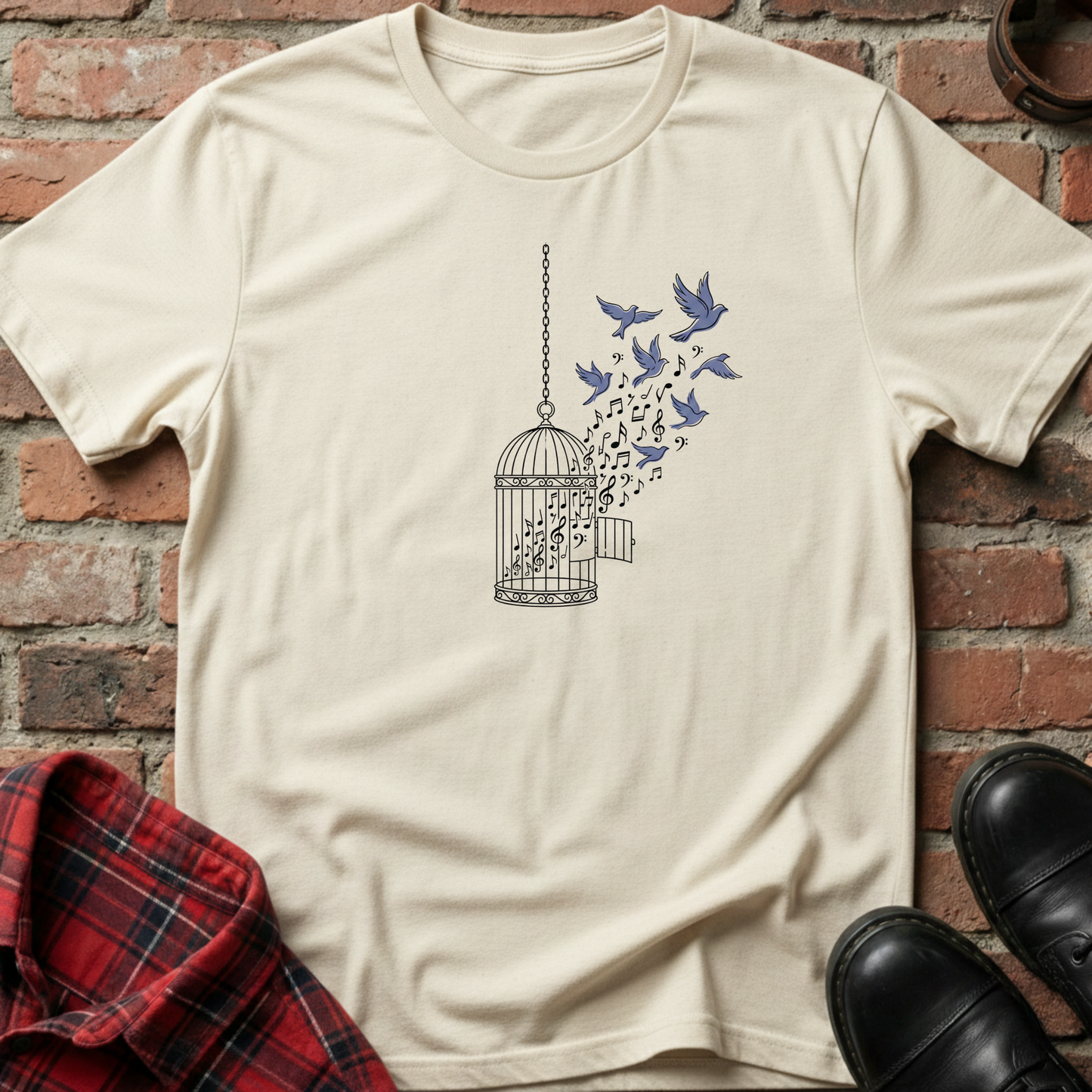 Beige t-shirt with a birdcage and musical notes design on a brick wall background. Minimalist music apparel by pemuyo.