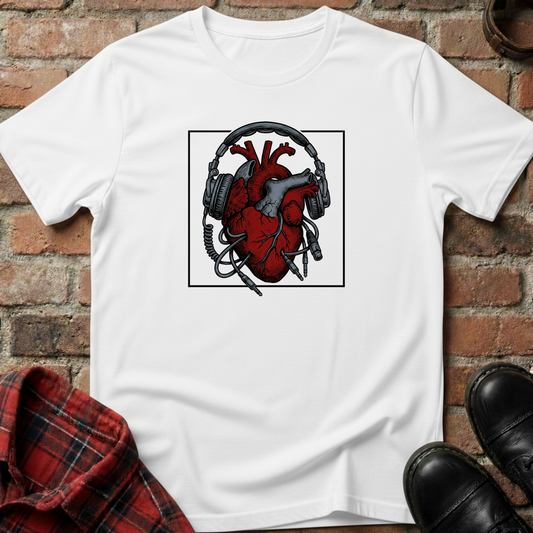White t-shirt with a red heart and black headphones graphic on a brick surface. Minimalist music apparel by pemuyo.