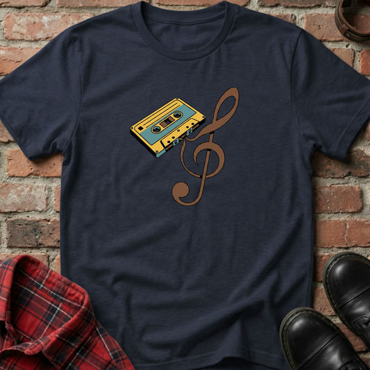 Navy blue t-shirt with a cassette tape and music note design against a brick wall. Minimalist music apparel by pemuyo.