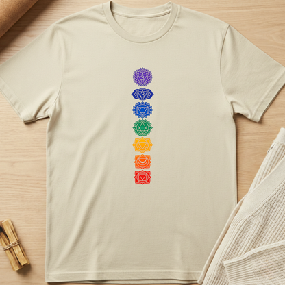 Beige t-shirt with colorful chakra symbols on a wooden surface. Minimalist yoga apparel by pemuyo.