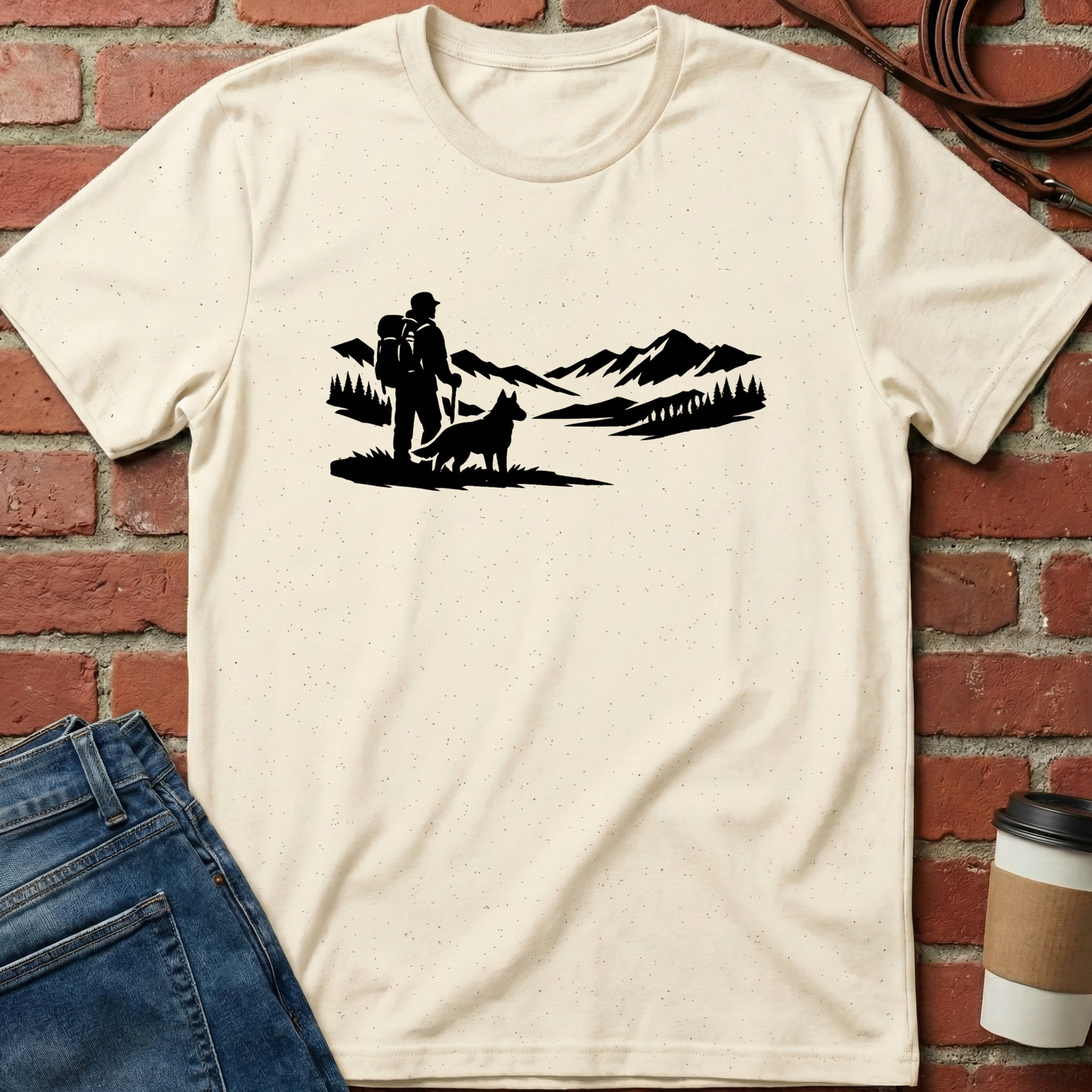 Beige t-shirt with a black graphic of a man and dog in a mountainous landscape on a brick wall background. Minimalist dog apparel by pemuyo.