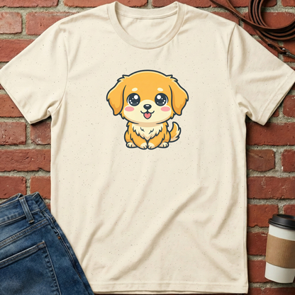 Beige t-shirt with a cartoon dog design against a brick wall. Minimalist dog apparel by pemuyo.