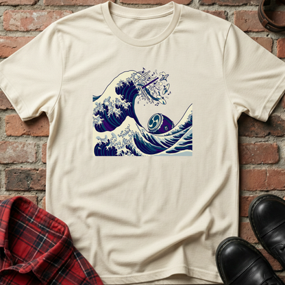 Beige t-shirt with a wave design on a brick wall background. Minimalist music apparel by pemuyo.
