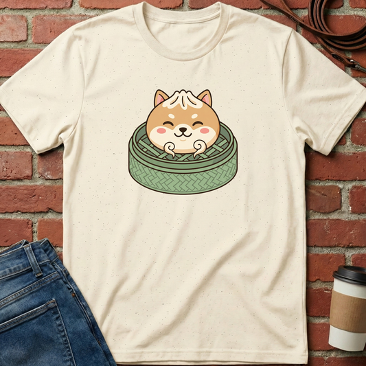 Beige t-shirt with a dog design on a brick wall background. Minimalist dog apparel by pemuyo.