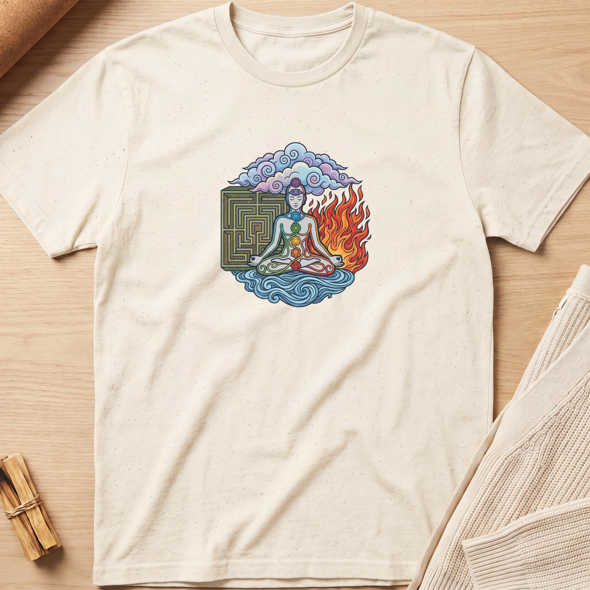 An off-white short-sleeve t-shirt with a colorful graphic of a meditating figure surrounded by a maze, clouds, and flames, laid flat on a light wood background. Minimalist yoga apparel by pemuyo.