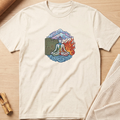 An off-white short-sleeve t-shirt with a colorful graphic of a meditating figure surrounded by a maze, clouds, and flames, laid flat on a light wood background. Minimalist yoga apparel by pemuyo.