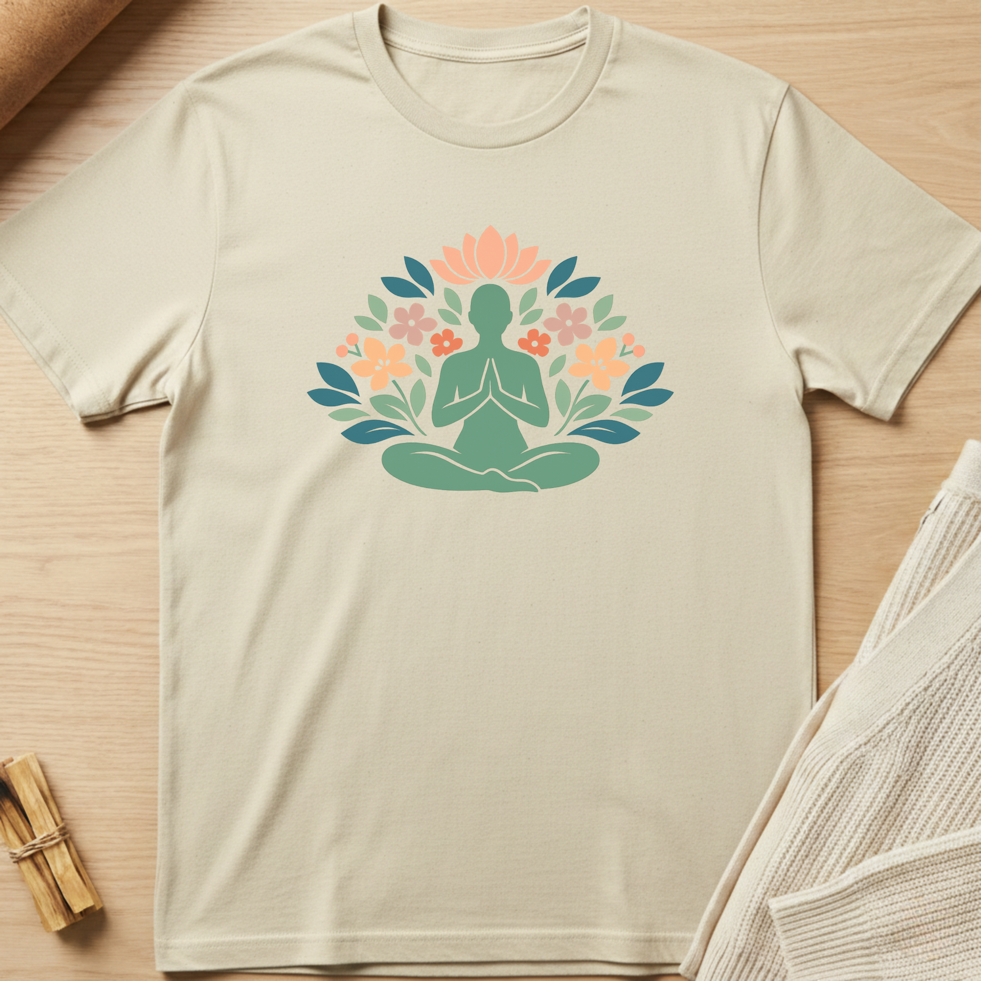 Beige t-shirt with a meditating figure and floral design on a wooden surface. Minimalist yoga apparel by pemuyo.
