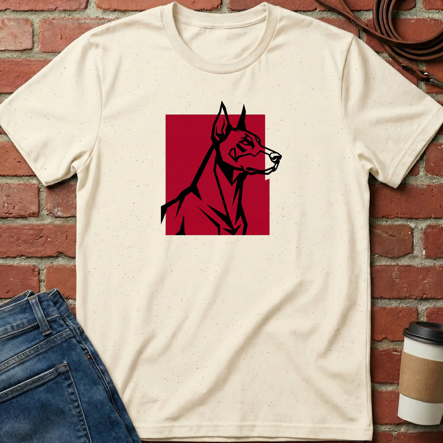 Beige t-shirt with red and black dog graphic on a brick wall background. Minimalist dog apparel by pemuyo.
