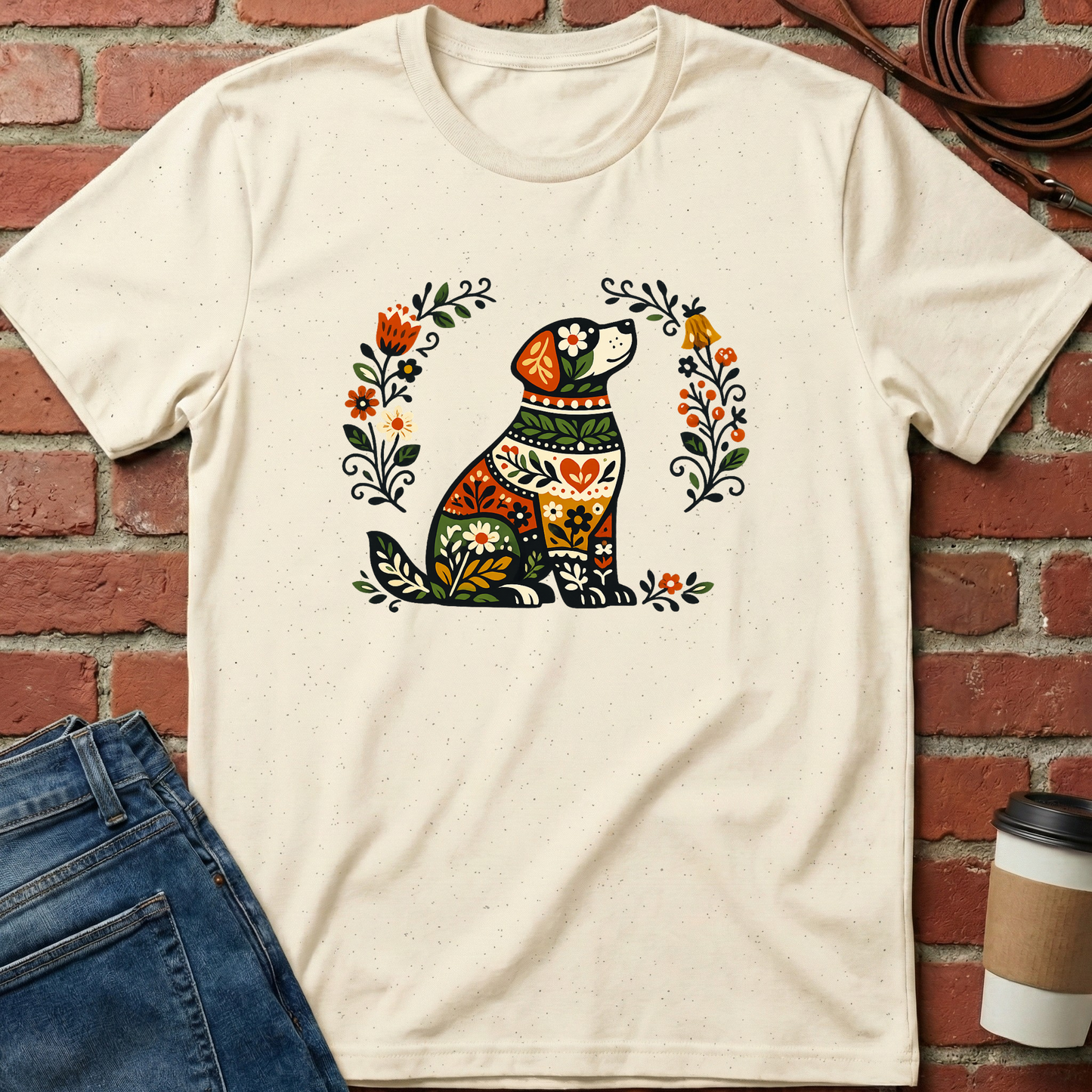 Beige t-shirt with a colorful dog design on a brick wall background. Minimalist dog apparel by pemuyo.