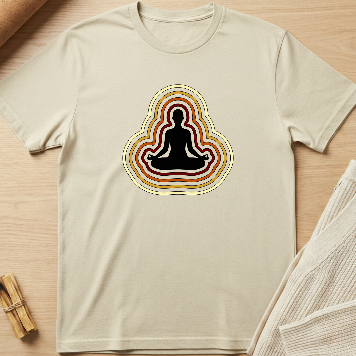 Beige t-shirt with a meditating figure design on a wooden surface. Minimalist yoga apparel by pemuyo.