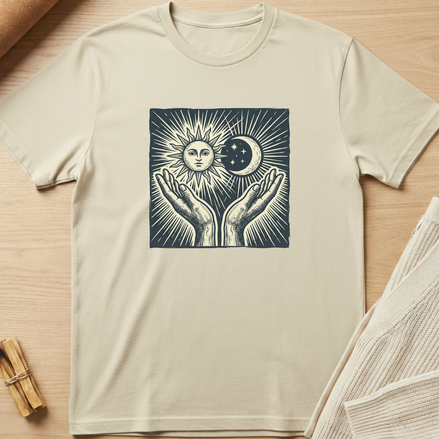 Beige t-shirt with a graphic design of hands holding the sun and moon on a wooden surface. Minimalist yoga apparel by pemuyo.