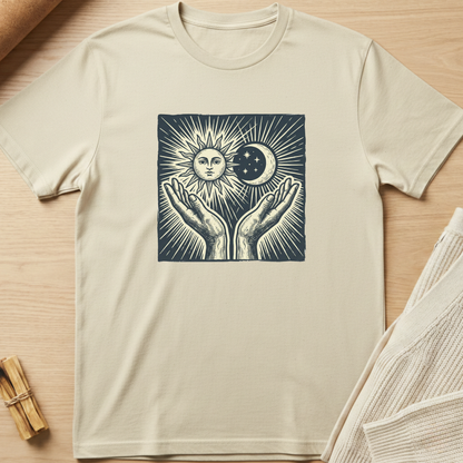 Beige t-shirt with a graphic design of hands holding the sun and moon on a wooden surface. Minimalist yoga apparel by pemuyo.