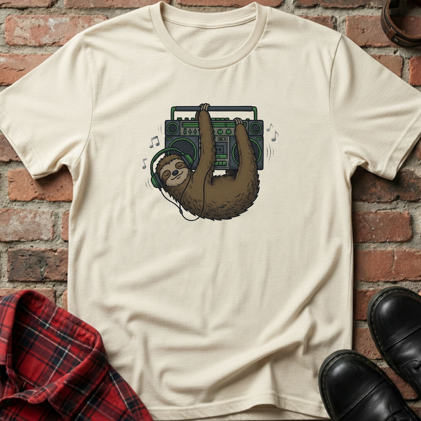 Beige t-shirt with a sloth holding a boombox graphic on a brick wall background. Minimalist music apparel by pemuyo.