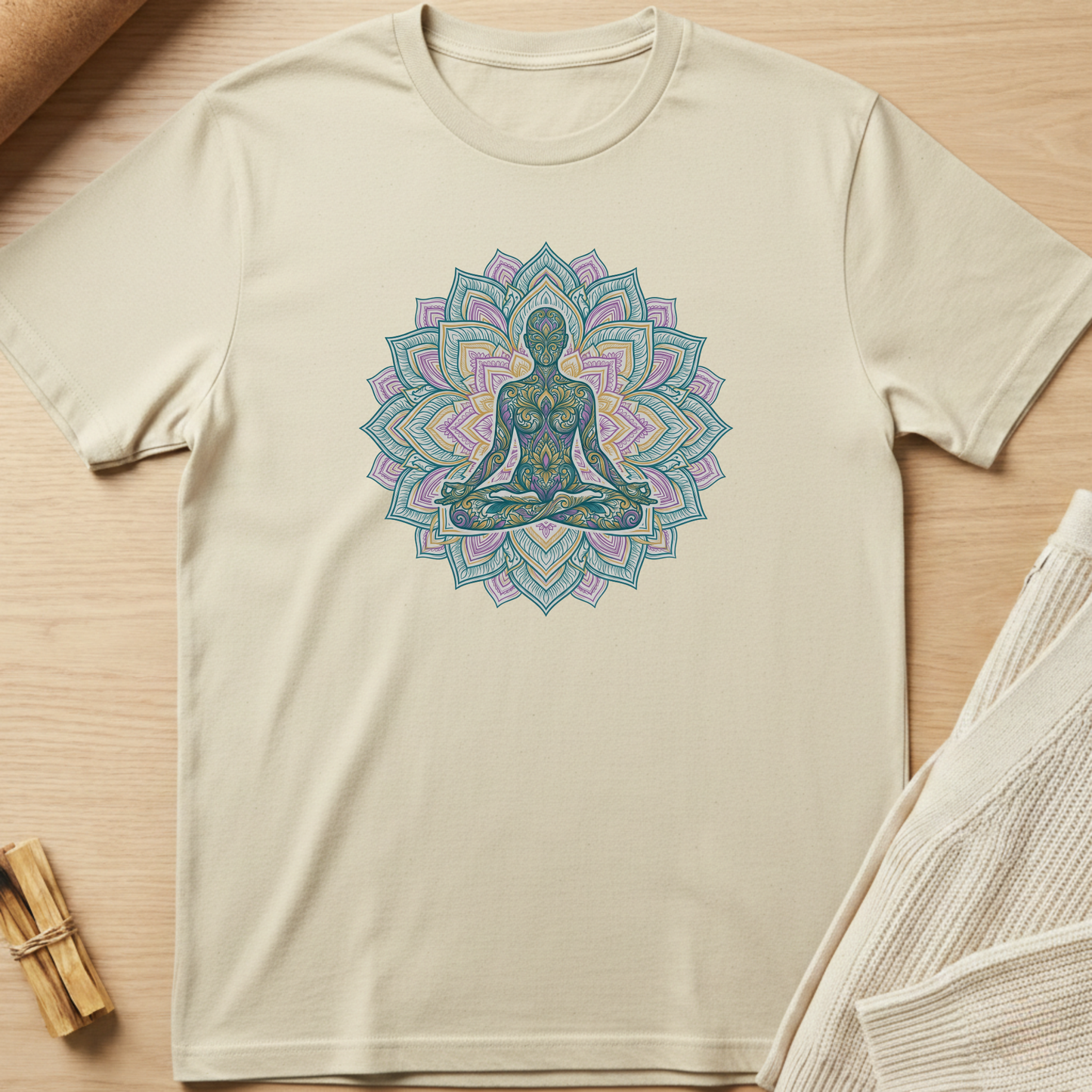 Beige t-shirt with a mandala design featuring a meditating figure on a wooden surface. Minimalist yoga apparel by pemuyo.