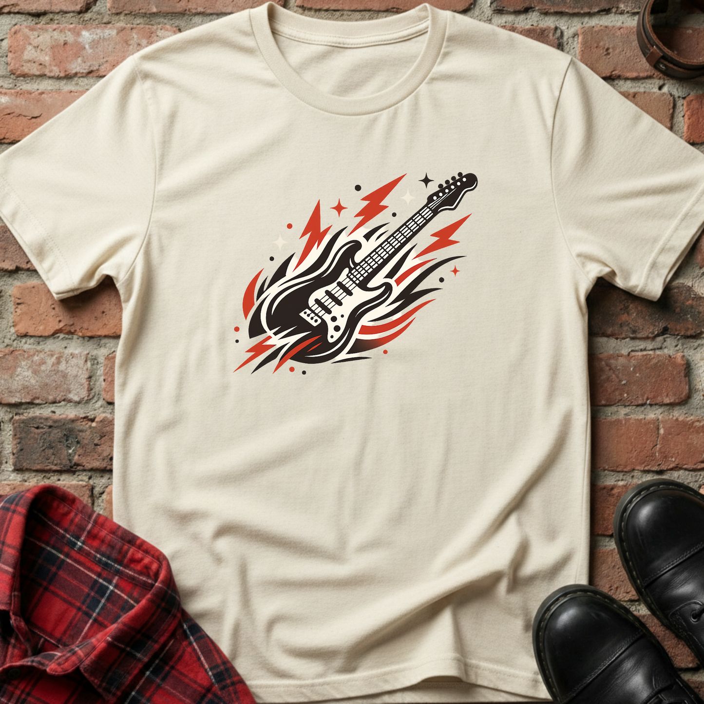 Beige t-shirt with a guitar graphic on a brick background. Minimalist music apparel by pemuyo.