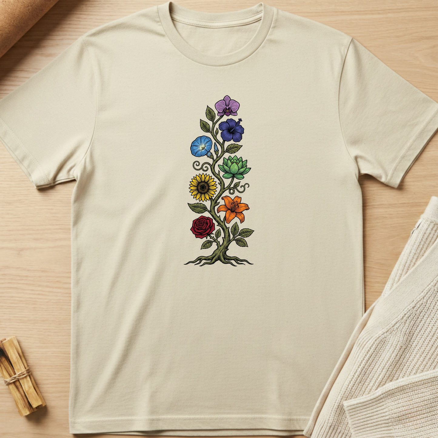 Beige t-shirt with colorful floral design on a wooden surface. Minimalist yoga apparel by pemuyo.