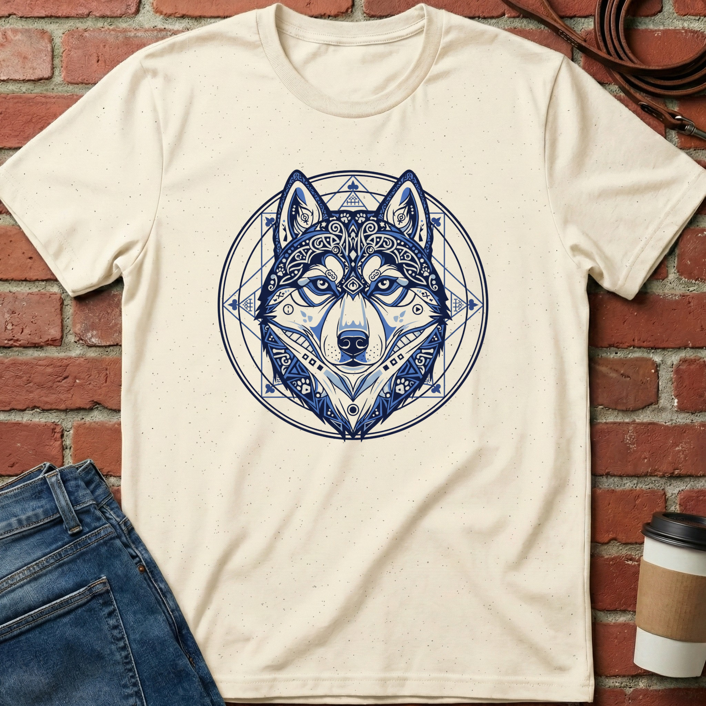 Beige t-shirt with blue husky design on a brick wall background. Minimalist dog apparel by pemuyo.
