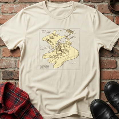 Beige t-shirt with guitar diagram design on a brick wall background. Minimalist music apparel by pemuyo.
