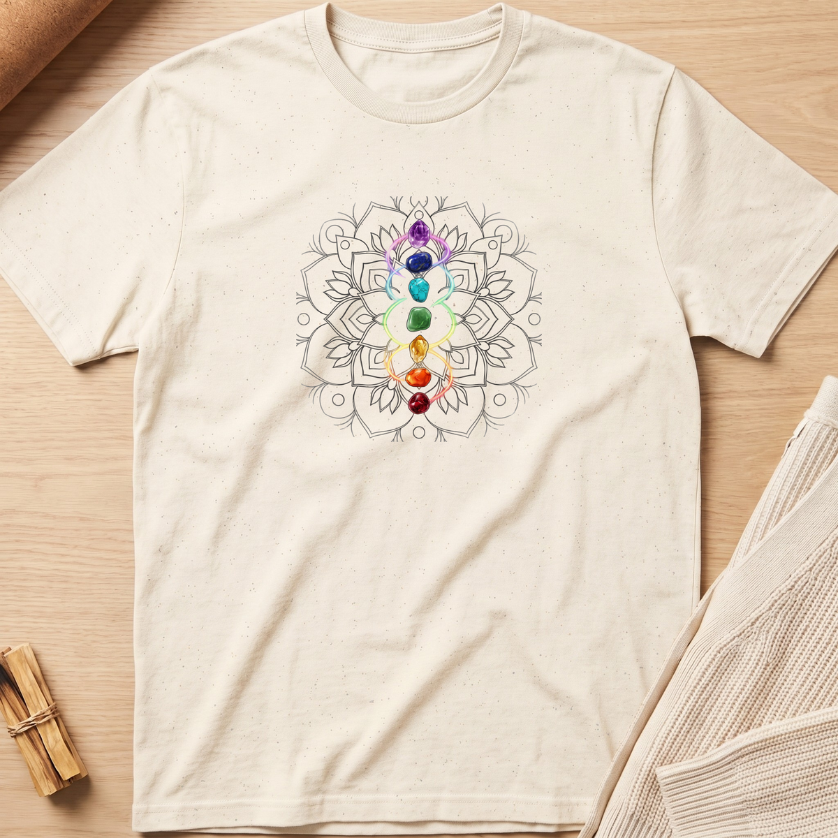 An off-white short-sleeve t-shirt with a colorful geometric flower design printed on the chest, laid flat on a light wood background with neutral props. Minimalist yoga apparel by pemuyo.
