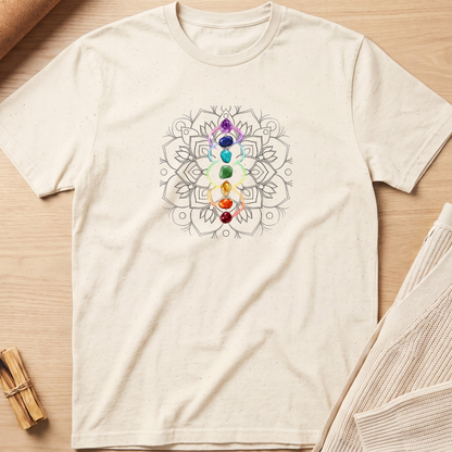 An off-white short-sleeve t-shirt with a colorful geometric flower design printed on the chest, laid flat on a light wood background with neutral props. Minimalist yoga apparel by pemuyo.