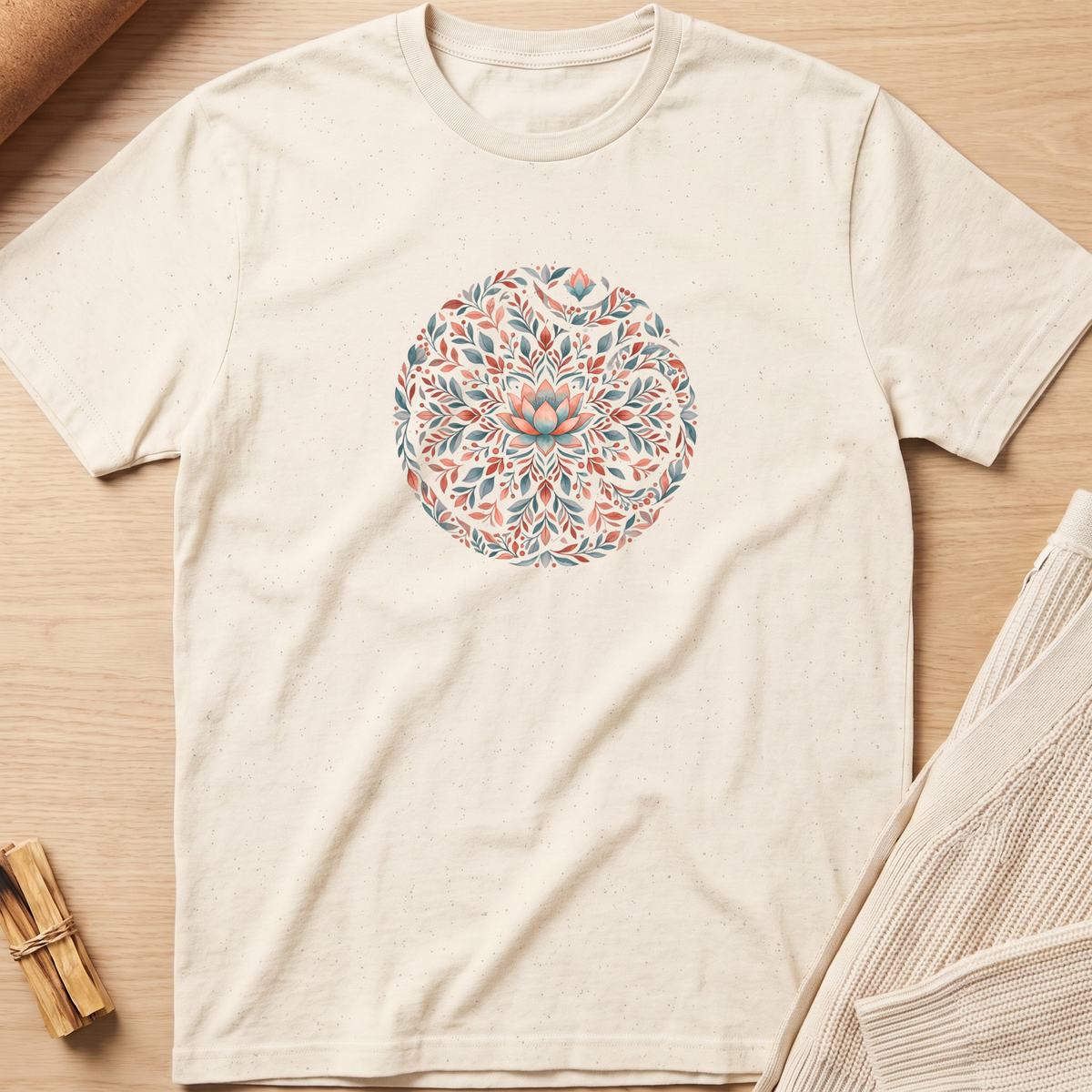An off-white short-sleeve t-shirt with a colorful mandala graphic on the chest, laid flat on a light wood background with styled props. Minimalist yoga apparel by pemuyo.